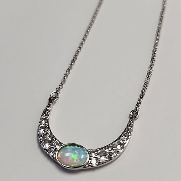 Bomb Party Lab Grown Peach Fire Opal Rhodium Plate Necklace RBP6585 Shes Angelic - Picture 1 of 4